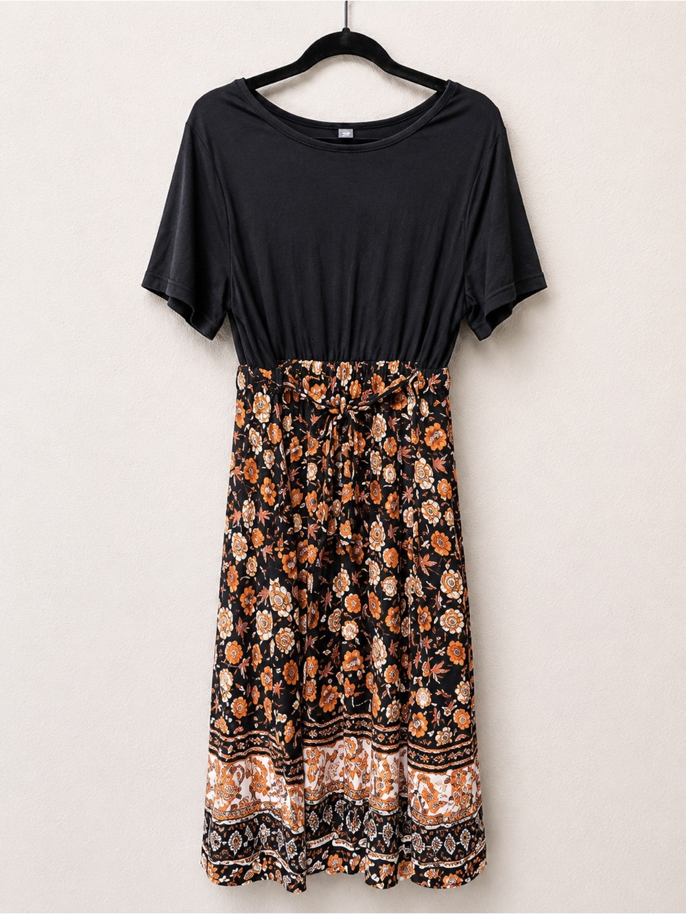 SHEIN Black Top with Orange Floral Midi Dress